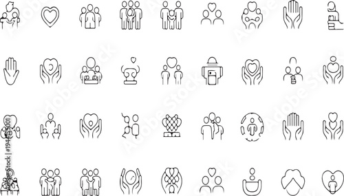 A collection of black and white line icons depicting people and hearts