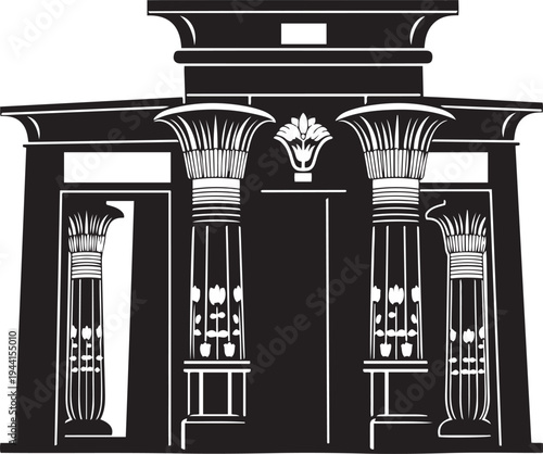Black and white silhouette of ancient Egyptian papyrus columns and temple entrance architecture decorative