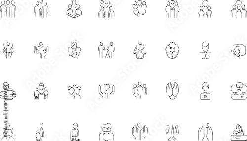 A collection of 30 black and white line drawings of people