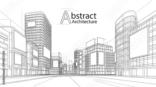 Professional architectural wireframe of a commercial city street with skyscrapers and large billboard facades for urban backgrounds