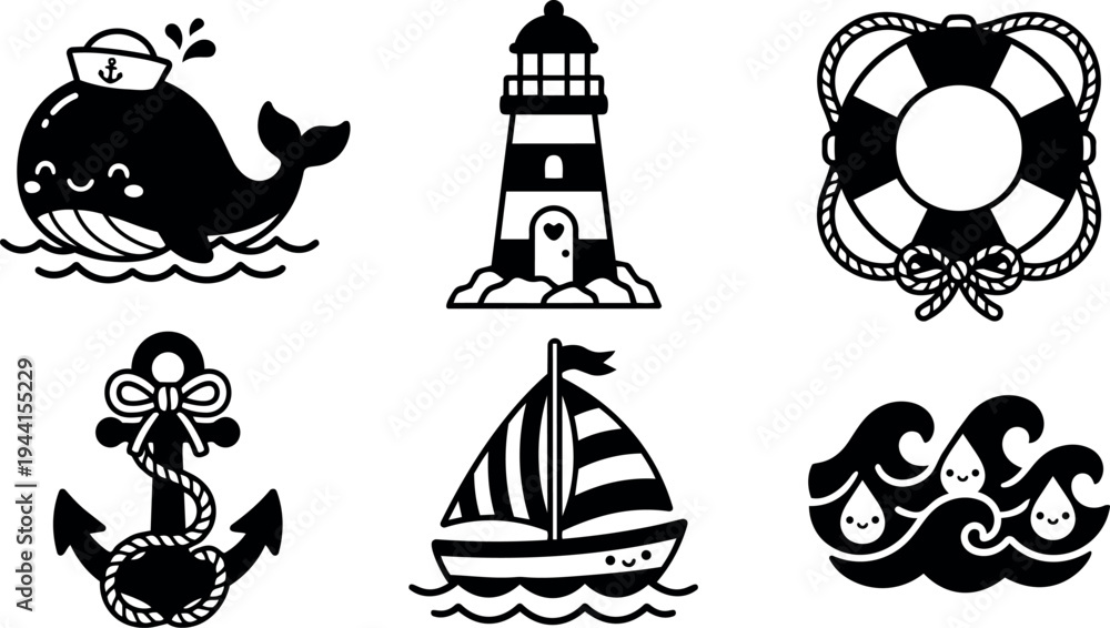 Naklejka premium Cute whale wearing sailor hat smiling with nautical lighthouse anchor sailboat waves and lifesaver black silhouette vector icons set