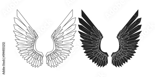 Angel Wings Line Art and Silhouette