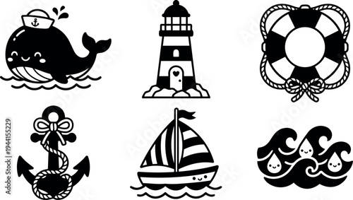 Cute whale wearing sailor hat smiling with nautical lighthouse anchor sailboat waves and lifesaver black silhouette vector icons set