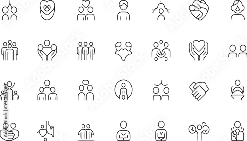 A collection of black and white icons representing people and relationships