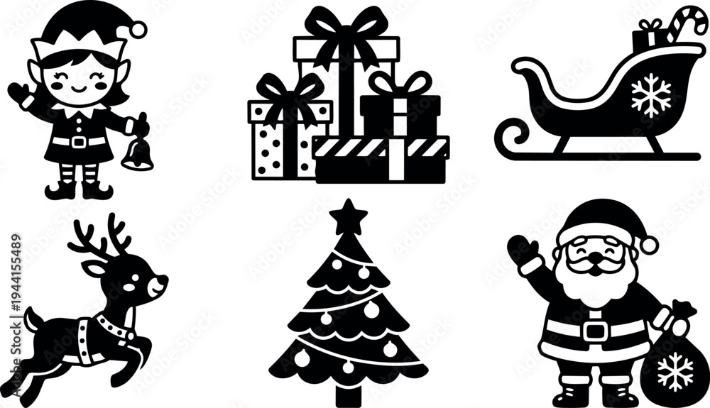 Obraz premium Christmas holiday icons set with elf ringing bell reindeer sleigh santa claus and decorated tree in black flat design