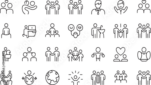 A collection of black and white line icons depicting people interacting