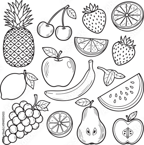 Collection of black and white line fruits including pineapple apple banana grapes cherries strawberries orange and watermelon slices