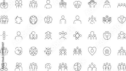 A collection of black and white icons depicting people and social interactions