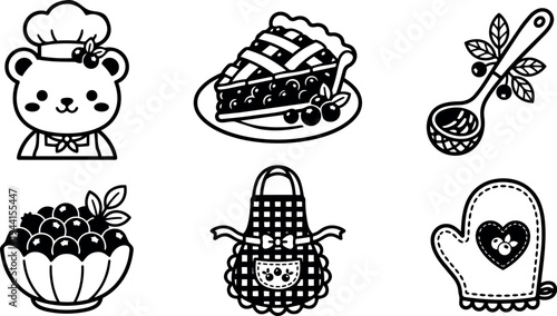 Cute chef bear wearing hat and bow with blueberry pie slice and bowl wooden spoon apron and oven mitt cooking icons