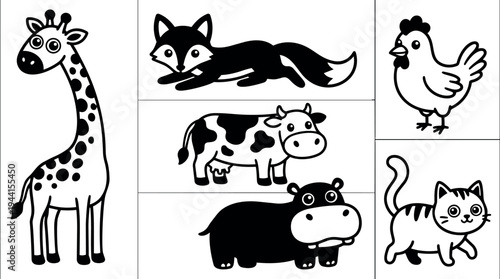 Cute black and white cartoon giraffe standing and fox lying with cow and hippo along with walking chicken and playful cat vector art set