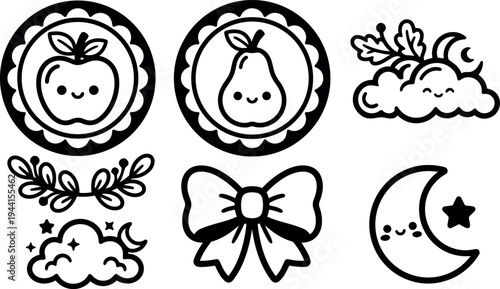 Cute line art apple and pear fruit faces with smiling clouds leaf wreath bow and moon star vector icons