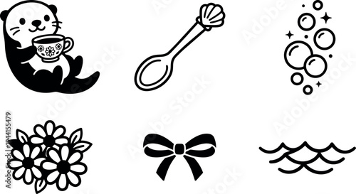 Cute otter holding tea cup with floral pattern spoon decorative bow waves and sparkling bubbles vector icons collection