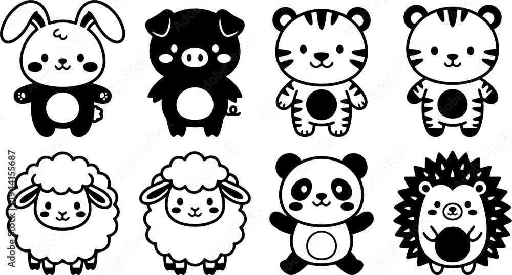 Fototapeta premium Cute black and white cartoon animals set including rabbit pig tiger sheep panda and hedgehog in simple minimal vector style