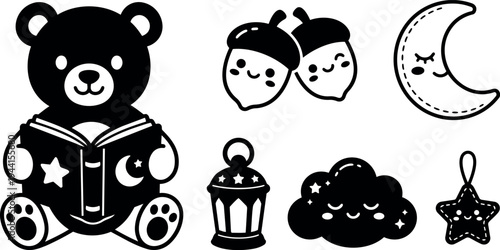 Cute teddy bear reading book with stars and moon acorns sleeping crescent moon lantern smiling cloud and star minimalist vector design