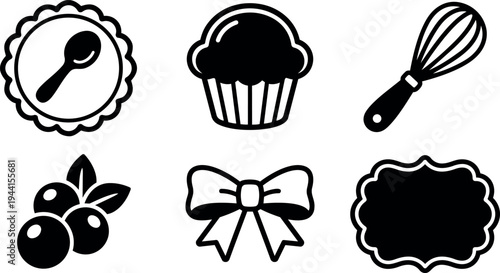 Simple black and white kitchen utensils and baking icons including cupcake whisk berries bow and decorative labels vector art