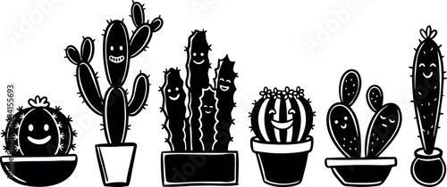 Black and white minimalist vector art of six smiling cactus plants in various pots with simple happy faces and spiky outlines