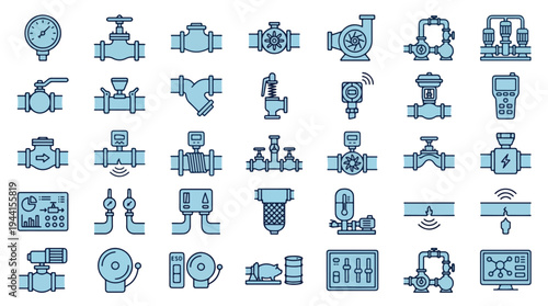 Industrial Pipeline System Icons Set with Valves Pumps Gauges Sensors and Flow Meters for Oil Gas Water Infrastructure Management Monitoring Maintenance Engineering and Automation Technology Design