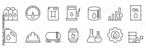 Oil and gas industry line icons set. Oil and gas industry black line icons. Including fuel pump, barrel, tank, refinery, industrial, logistics, and market price growth vector illustration.