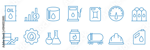 Oil and gas industry line icons set. Oil and gas industry blue line icons. Logistics and market price growth vector illustration.
