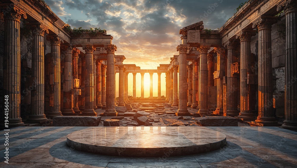 Obraz premium Ancient Ruins at Sunset with Dramatic Sky and Crumbling Columns