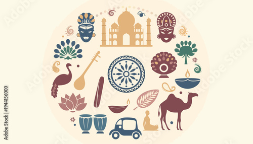 A vibrant collection of diverse Indian cultural symbols and heritage elements, artfully arranged in a circular composition, celebrating rich traditions