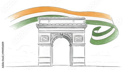 Sketch of the Arc de Triomphe adorned with the tricolor ribbon of the Indian flag