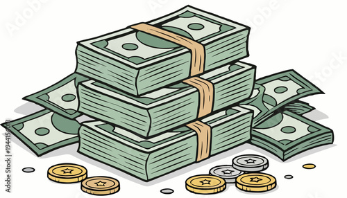 Stacks of cash and coins, symbolizing financial wealth and prosperity, representing the accumulation of money and savings