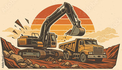 Construction site scene with excavator and dump truck, industrial heavy machinery in action during sunset