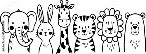 Cute black and white line art of smiling elephant rabbit giraffe tiger lion and bear faces in simple animal style vector illustration