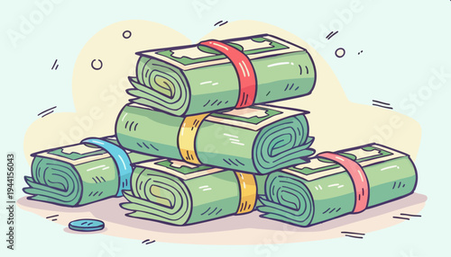 Vibrant cartoon illustration of stacked rolled money bills and scattered coins, symbolizing financial growth, accumulated wealth, and successful savings management and investment
