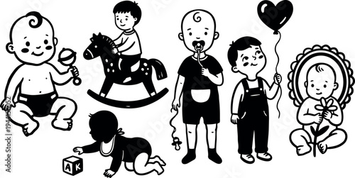Black and white vector art of happy babies playing with toys including rattle rocking horse balloon and flower with minimalist line style