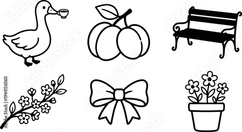 Black outline vector set including duck holding cup plum fruit bench flower branch decorative bow and potted flowers collection