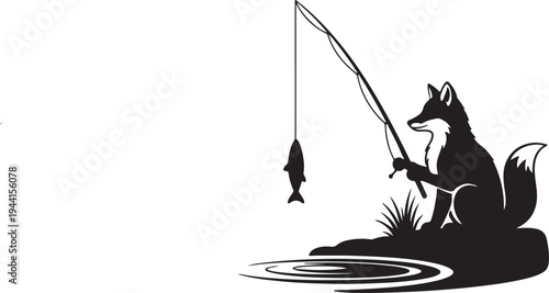 Silhouette of a fox sitting on a riverbank and catching a fish with a fishing rod.