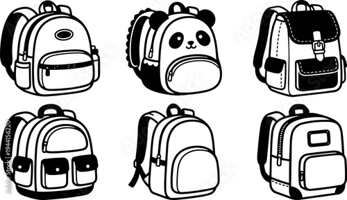 Black and white vector art of six different backpacks including panda design and classic styles with zipper details front view