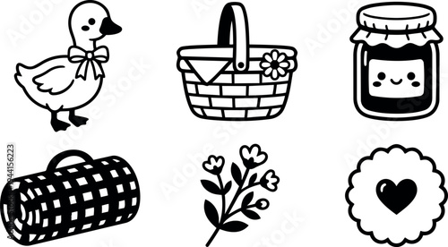 Cute black and white picnic set with duckling basket jam jar floral branch and heart cookie charming vector drawing