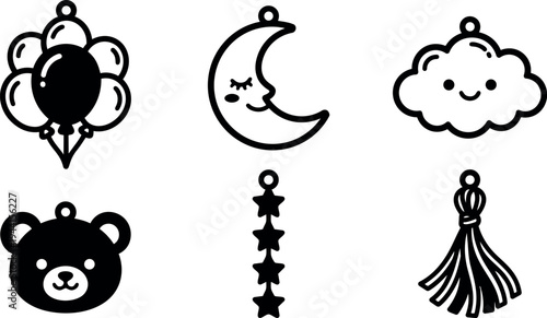 Cute minimalist black and white vector icons including smiling cloud moon teddy bear balloons stars and tassel decorations