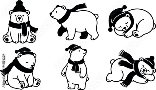 Black and white vector art of six cute polar bears wearing scarves and hats in different playful and resting poses