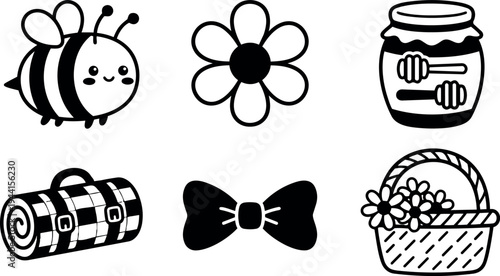 Cute smiling bee and simple flower with honey jar picnic blanket bow and flower basket black and white vector icons set