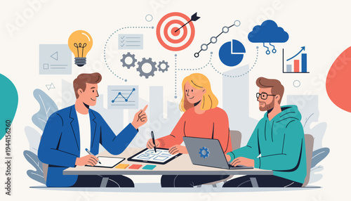 Business professionals collaborating on a project with digital tools and strategy elements for growth and innovation