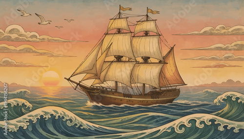 Majestic wooden sailing ship navigating through rough ocean waves at sunset, with seagulls soaring overhead and a dramatic sky