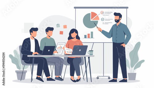 Engaged team collaborating on a strategic business presentation in an office setting, analyzing data and discussing charts for corporate growth and success