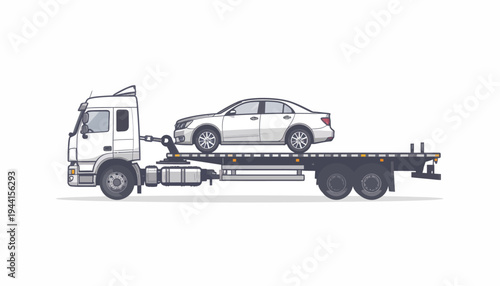 Flatbed tow truck transporting a white sedan, illustrating vehicle recovery and roadside assistance services