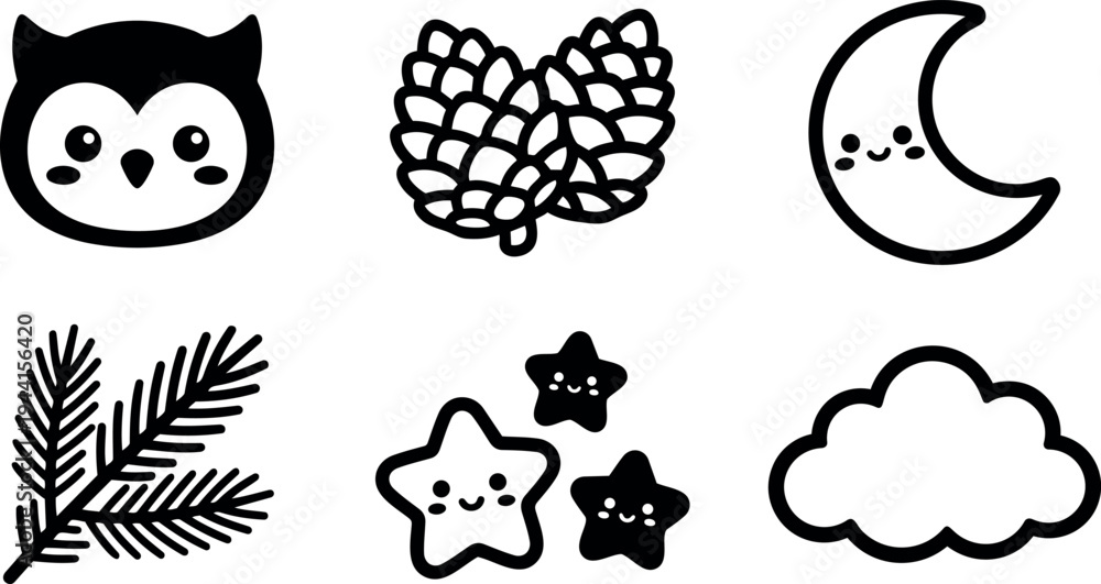 Obraz premium Cute cartoon black owl face pine cones crescent moon smiling stars cloud outline vector icons set