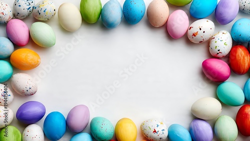 Easter eggs border, colorful eggs on white background, festive holiday frame