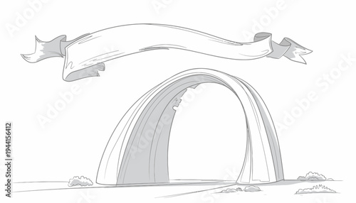 A conceptual drawing of an ancient stone archway with a banner above it, rendered in a minimalist sketch style