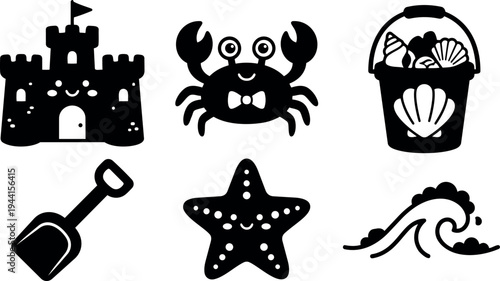 Cute black silhouette sandcastle crab bucket with seashells shovel starfish and wave flat design summer beach vector icons illustration set