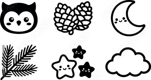 Cute cartoon black owl face pine cones crescent moon smiling stars cloud outline vector icons set