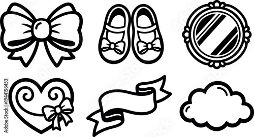 Black line art cute bow shoes heart mirror ribbon and cloud vector icons set simple decorative style for design