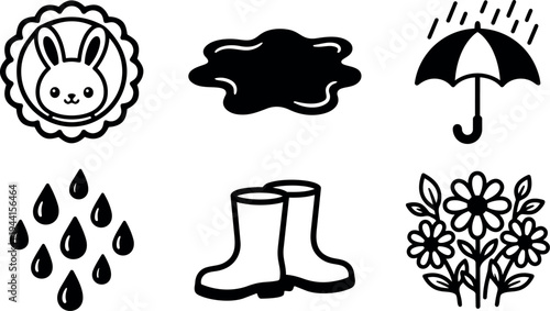 Flat design black and white icons set including bunny badge rain drops umbrella puddle boots and flowers vector illustration