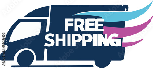 Free shipping concept with a dark blue delivery truck and colorful swooshes